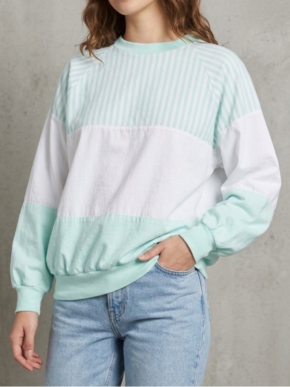 Vintage 80s/90s Quitman USA Striped Colorblock Pullover Sweatshirt Size Medium
